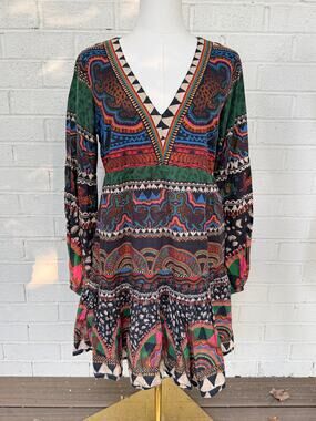 Farm Rio Animal Print Tunic Dress Small Plunge V Neck Long Sleeve Boho Mini